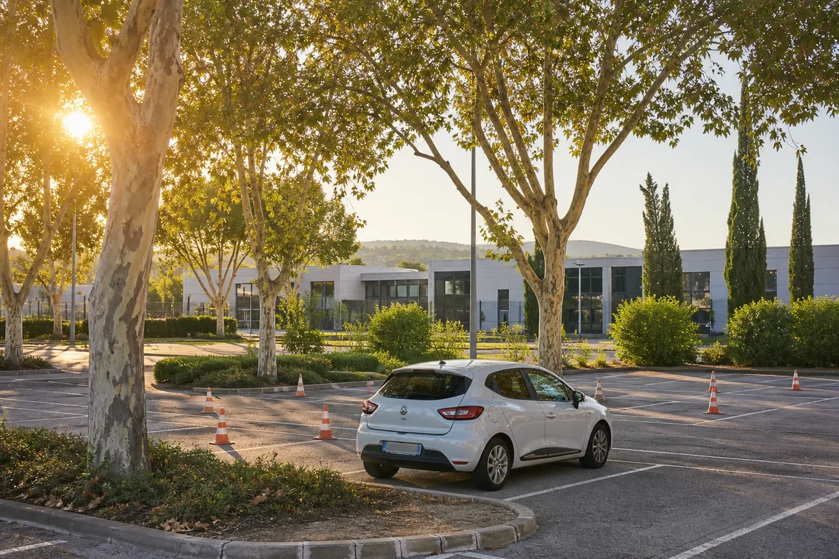 Vue d’ensemble d’une zone d’activités aux abords d’Aix-en-Provence en fin de journée