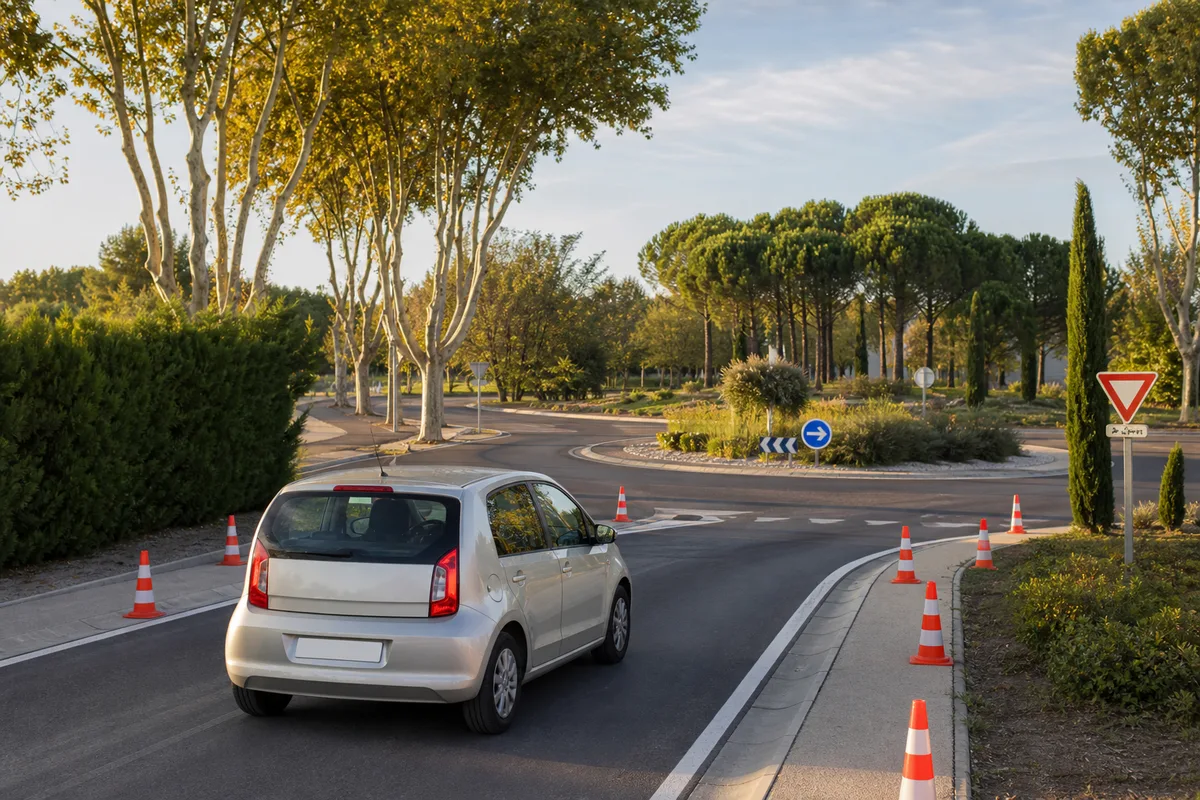 Voiture d’apprentissage abordant un giratoire à deux voies en périphérie