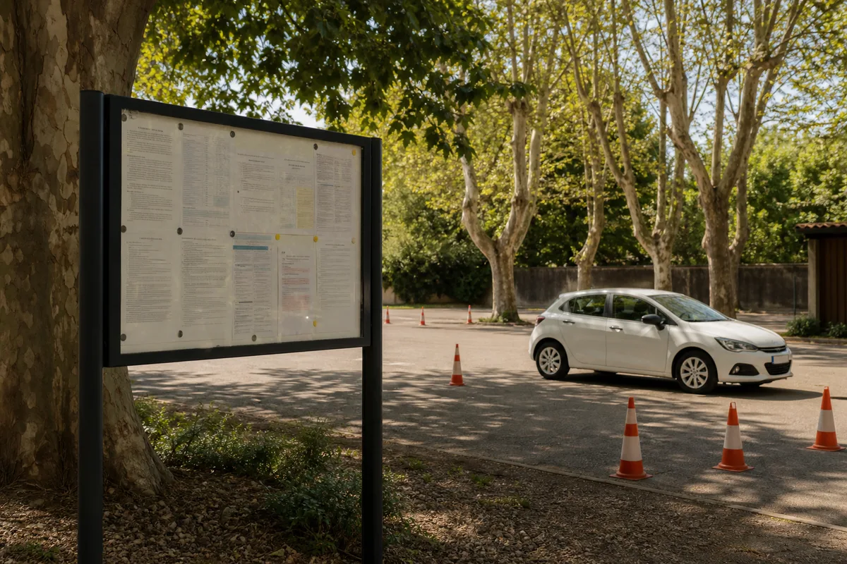 Panneau d&rsquo;affichage réglementaire d&rsquo;une école de conduite avec tarifs et agrément