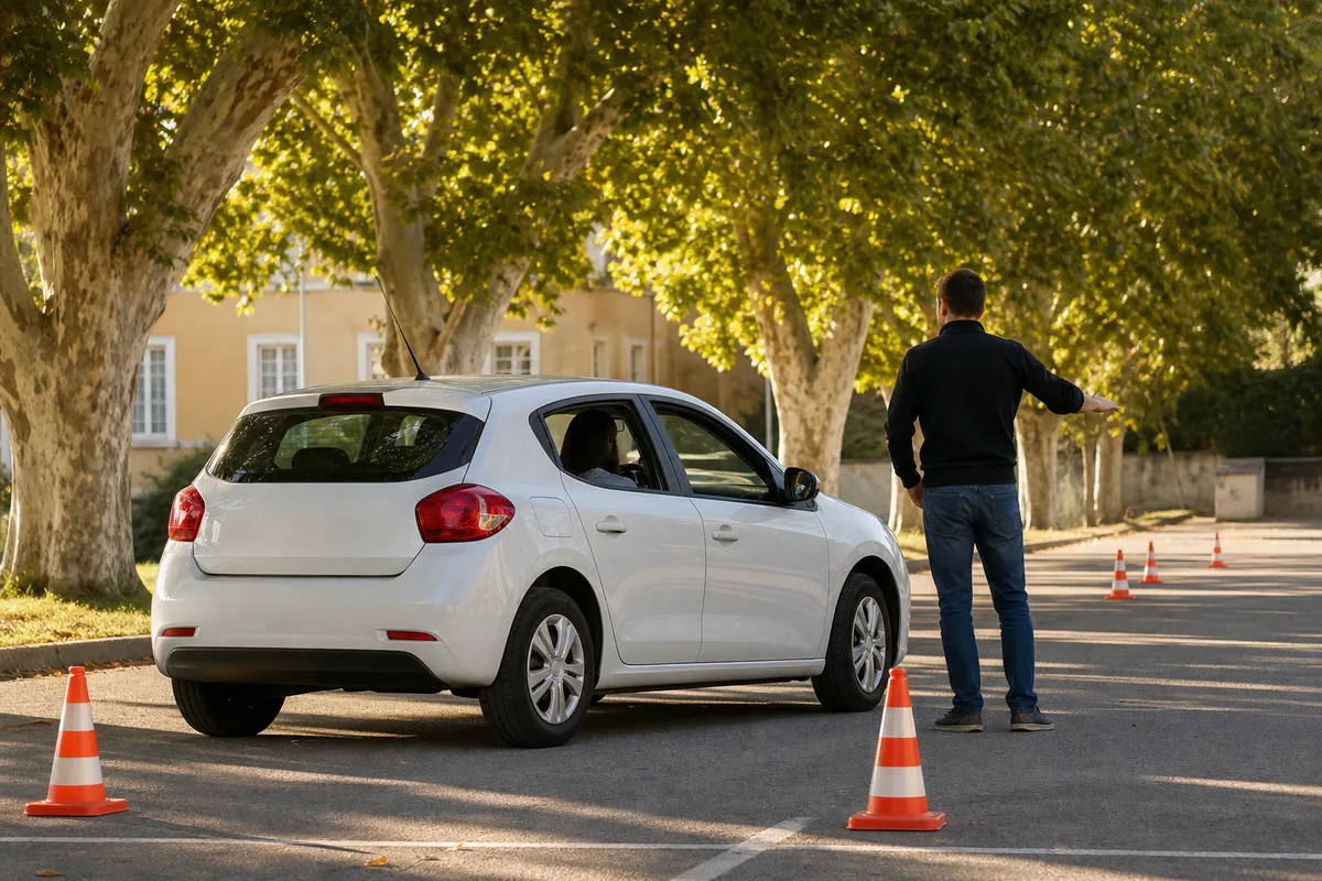 Élève et enseignant de la conduite lors d&rsquo;une leçon en circulation urbaine
