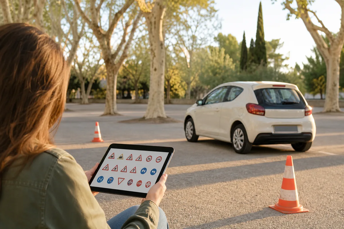 Candidat révisant les panneaux de signalisation sur une tablette avant l’examen du code