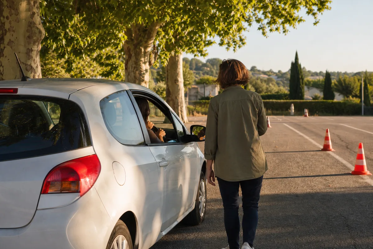 Jeune conducteur et son accompagnateur au départ d’un trajet en conduite accompagnée