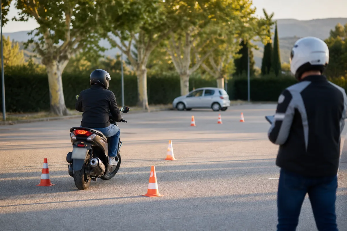 Scooter 125 en formation sur une aire d’évolution encadrée par un moniteur