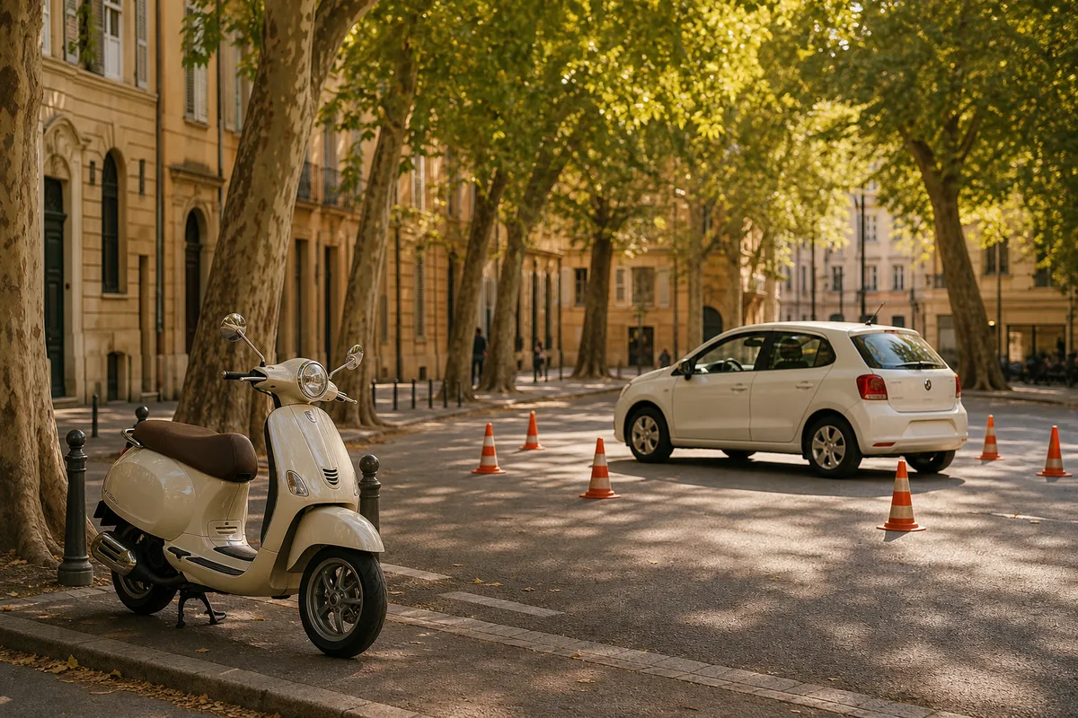 Deux-roues garé en ville avec vue sur une rue commerçante d’Aix-en-Provence
