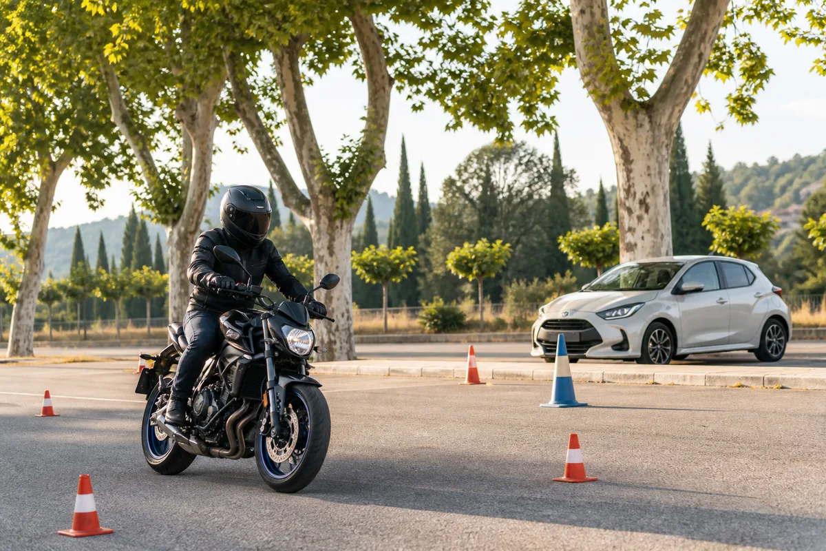 Motard en équipement complet lors d&rsquo;une séance de formation sur plateau