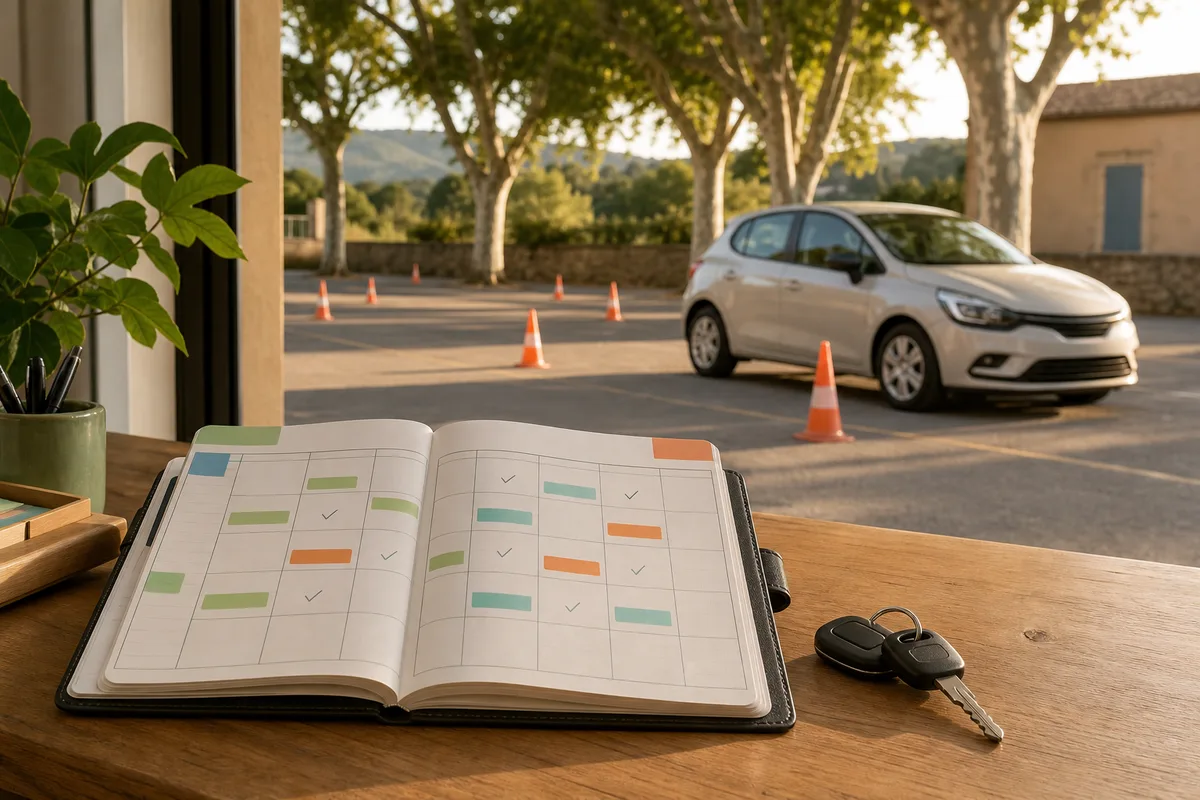 Calendrier de formation intensive posé sur un bureau avec des clés de voiture
