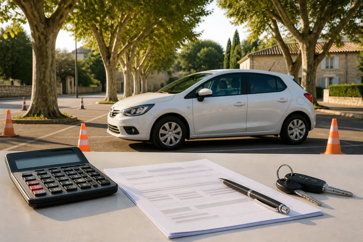 Calculatrice, contrat de formation et clés de voiture posés sur une table