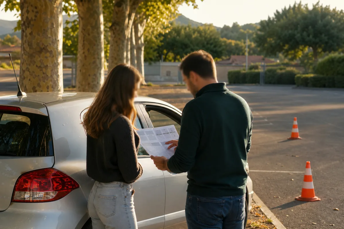 Élève et enseignant analysant une fiche de progression après une leçon de conduite
